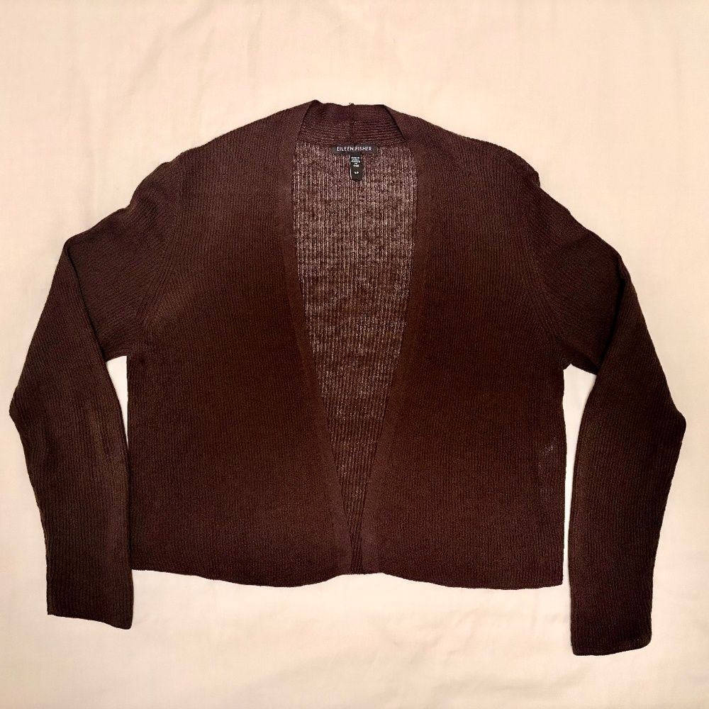 Eileen Fisher Cropped Linen & Organic Cotton Cardigan, Size Small, Brown